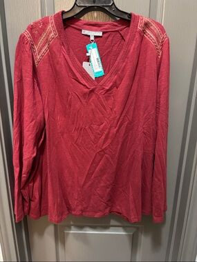 Daniel Rainn Wine Red V-Neck Long Sleeve Top with Embroidered Shoulders
